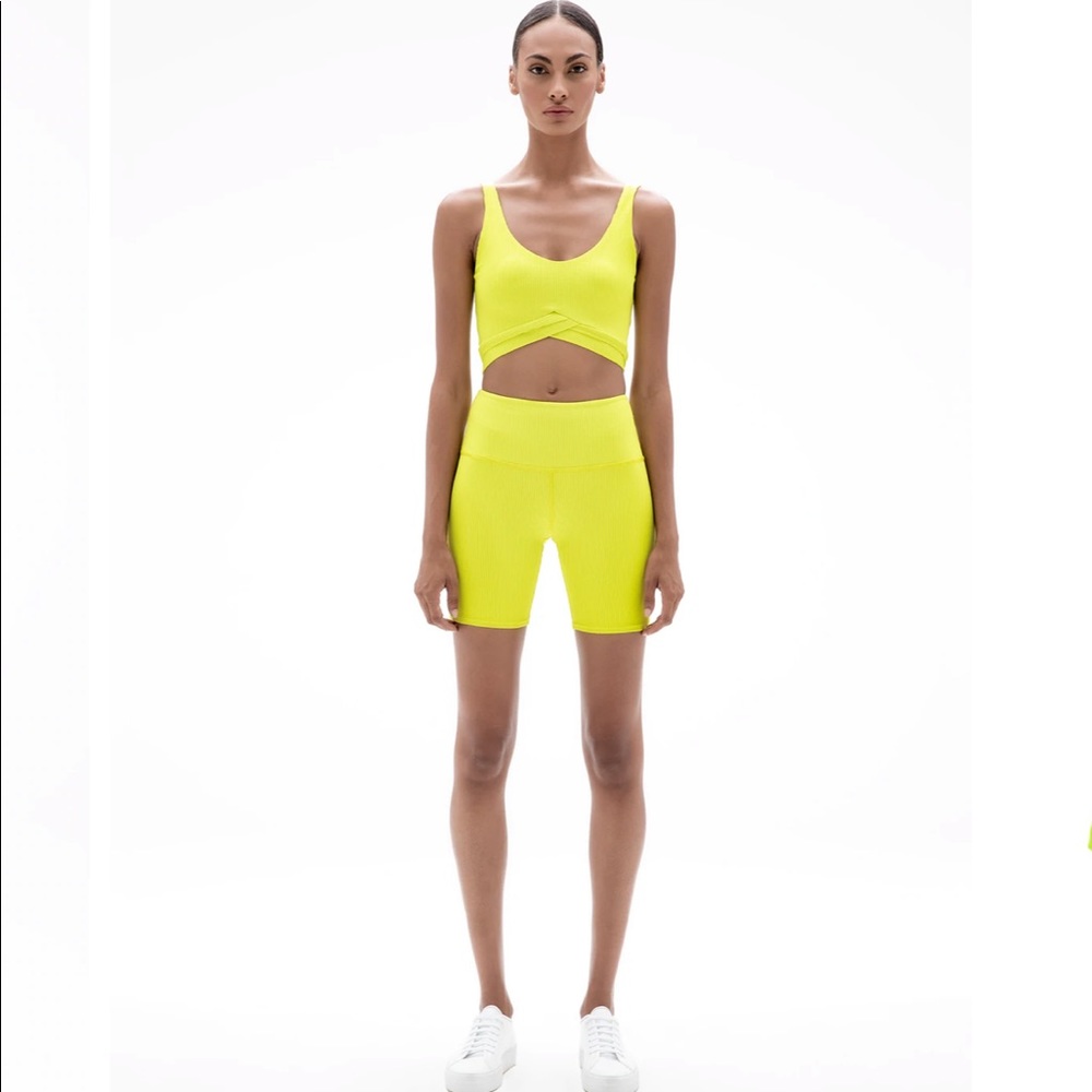 ONA by Yoon ribbed two piece lime green biker short wrap tank set
